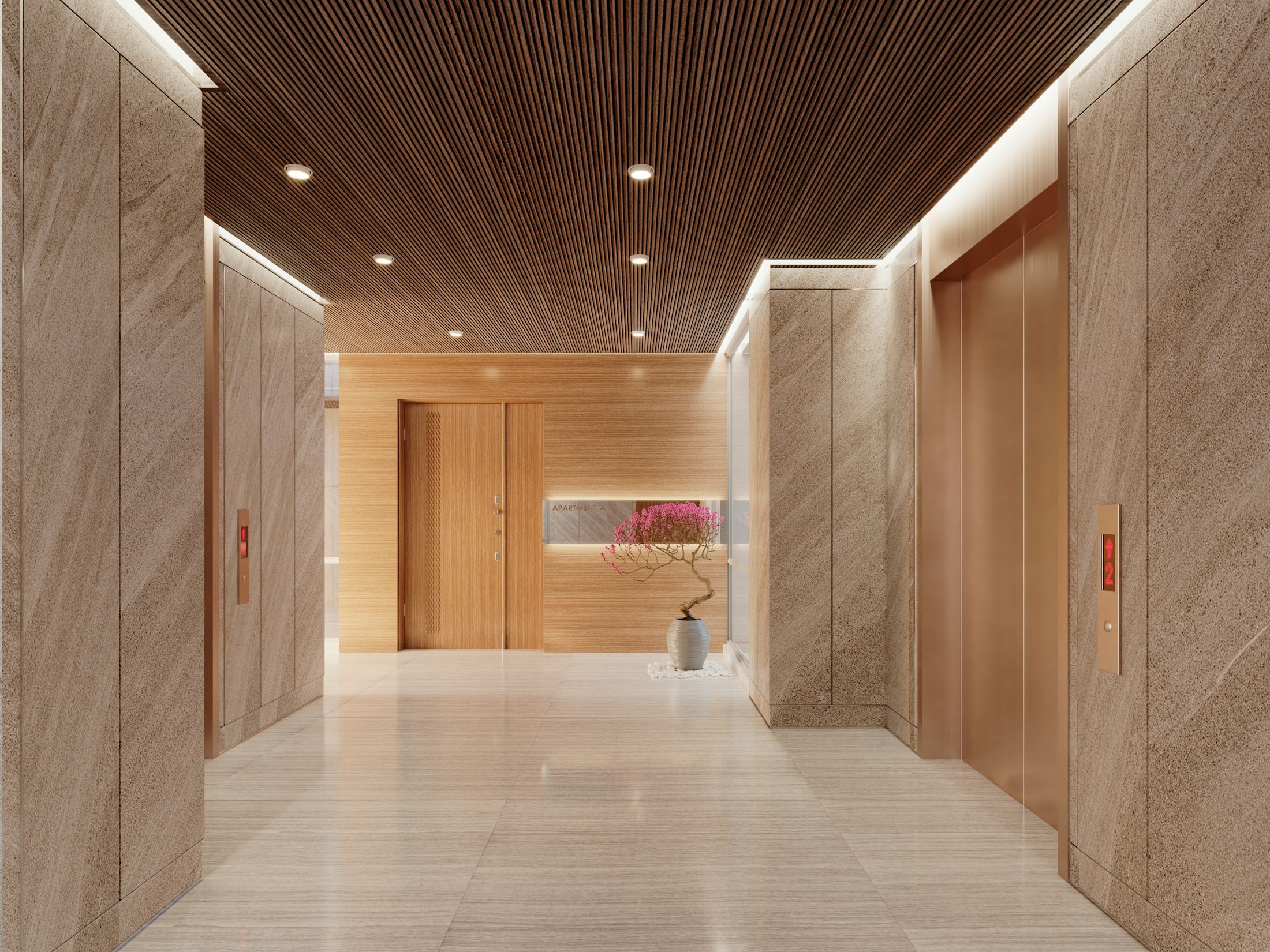 A warm, spotless residential lobby